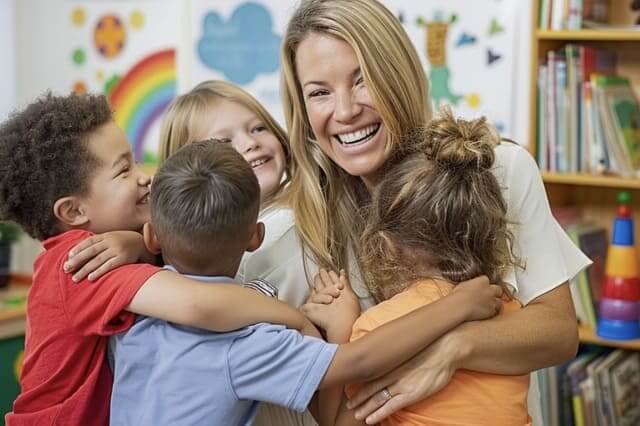 Sozialpädagogin umarmt Kinder
