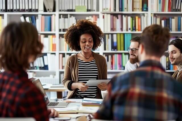 Junge Frau leitet Ausbildung in der Bibliothek