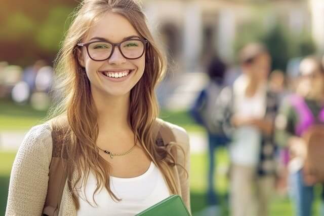 Junge Frau auf dem Campus lächelnd