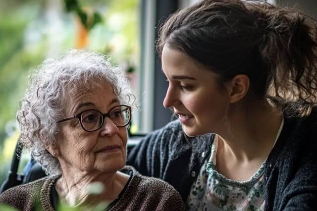 Heilerziehungspflegerin umarmt Patientin